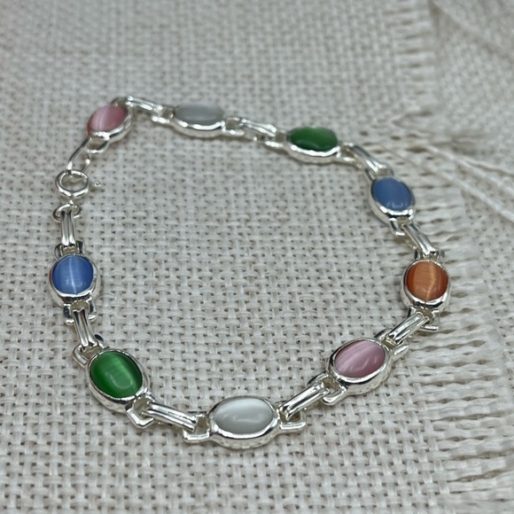 Stunning Vintage Sterling Silver Chainlink Bracelet with Multicolored Cabochons - Picture 6 of 16